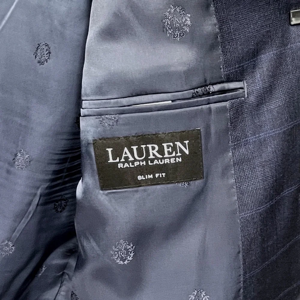 Lauren Ralph Lauren Men 46L Slim Fit Navy Blue GLEN PLAID Wool Blazer Sport Coat